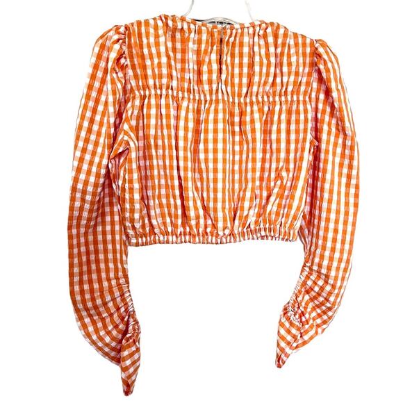 ZARA orange white gingham check crop top blouse size Small - Picture 5 of 10